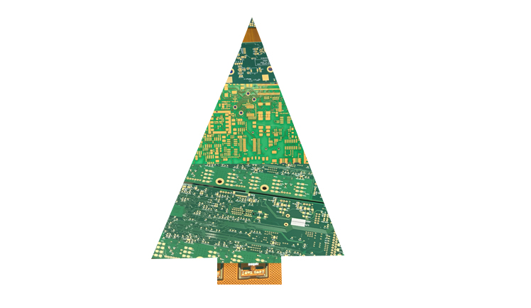 A Christmas tree made from printed circuit boards on a white background